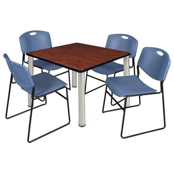 Kee 36" Square Breakroom Table, Cherry/ Chrome and 4 Zeng Stack Chairs, Blue