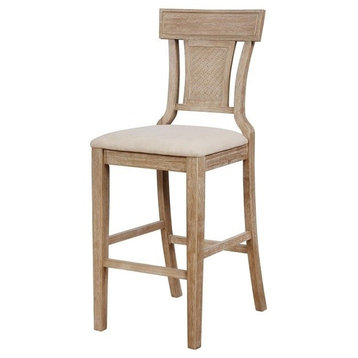 Linon Pacey Solid Wood Upholstered Bar Stool Woven Rattan Seat Back in Greywash