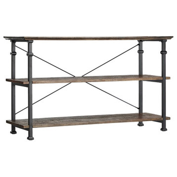 Rustic Console Table, Iron Frame With X-Back Support & Open Shelves, Light Brown, Dark Brown