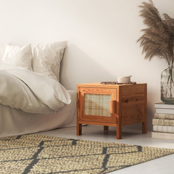 Our Malin Solid Teak Wood & Rattan Nightstand with a Door