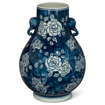 Blue and White Peony Flower Design Chinese Porcelain Vase