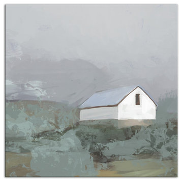 White Barn in Fog 16x16 Canvas Wall Art