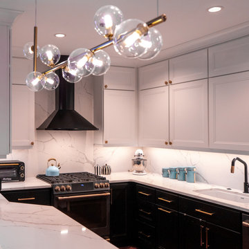 Glass Globe Chandelier, Black Hood & White Shaker Kitchen Cabinets