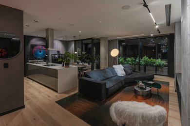 Inspiration for a mid-sized contemporary enclosed light wood floor and brown floor living room remodel in Other with gray walls, a standard fireplace, a concrete fireplace and no tv