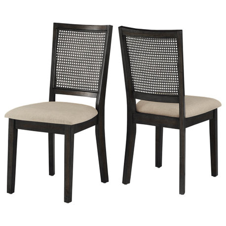 Arbor Hill Beige Linen Rattan Back Dining Chairs, Set of 2, Antique Black