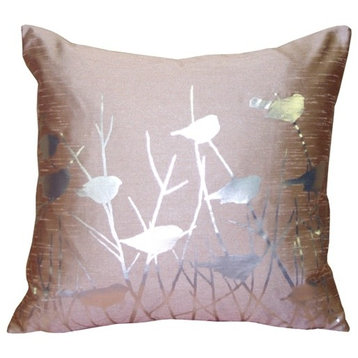 Pillow Decor - Metallic Birds Throw Pillow, Dusty Rose