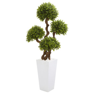 Nearly Natural 55� Four Ball Boxwood Topiary Tree in Tall White Planter