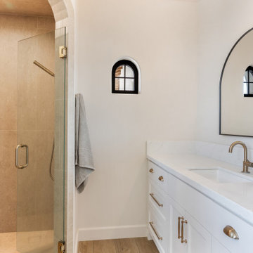 Arched Pool Bath Shower Cabinetry | Tuscan Farmhouse