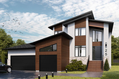 Large contemporary brown two-story stucco house exterior idea in Other