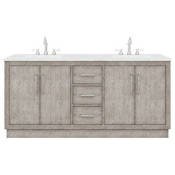Hugo 72" Double Sink Carrara White Marble Countertop Vanity, Gray Oak