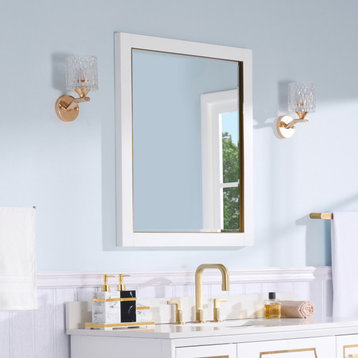 Solid Wood Beleved Edge Rectangular Framed Bathroom Wall Vanity Mirror, White, 28"x32"