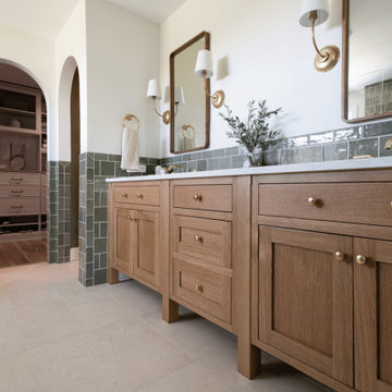 Transitional Primary Bathroom with Olive Green Subway Tile & Oak Vanity