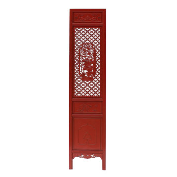 Chinese Red Geometric Flower Bird Accent Narrow Floor Panel Headboard