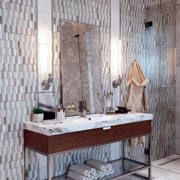 Wood Look Marble Wall Tiles In Cozy, Transitional Bathroom Remodel