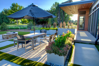 This is an example of a modern backyard formal garden with gravel.