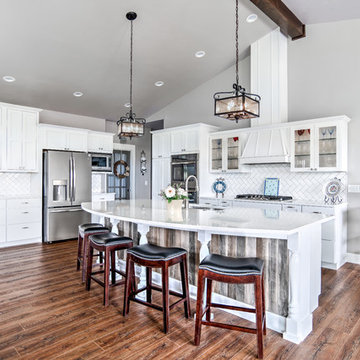 Modern Kitchen with White Quartz, White Cabinets and Wood Accents