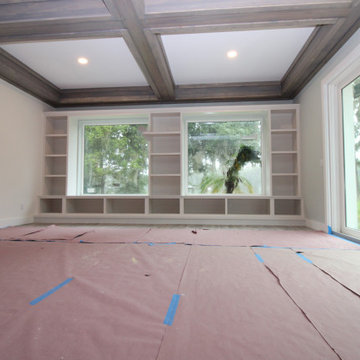 Built-In Custom Open Window Seat, Cabinets, Tall Open Bookcases