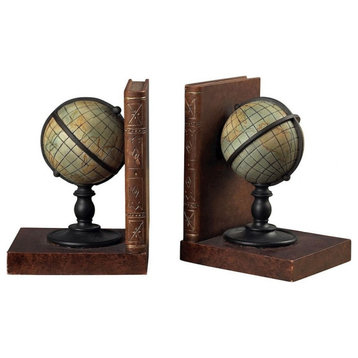 World Map Globe On Book Bookend Made Of Resin In A Brown-Green Finish