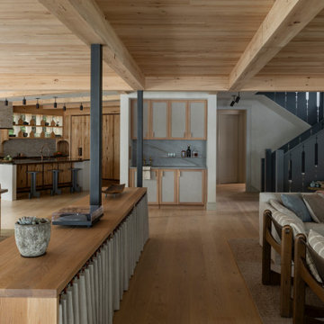 Antique Elm Ceiling, Beams, and Flooring in Wabi-Sabi Lakeside Living Space