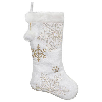 20" White With Gold Snowflakes Christmas Stocking With Cuff