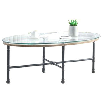 Benzara BM251159 Sofa Table With Oval Glass Top and Metal Pipe Style Legs, Gray