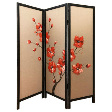 60 X 1 X 63 Brown Fabric And Wood Blooming  3 Panel Screen