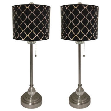 28" Crystal Buffet Lamp With Black Moroccan Tile Shade, Brushed Nickel, Set of 2