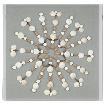 Square Beige and White Natural Seashell Coastal Wall Decor, Clear Acrylic Frame
