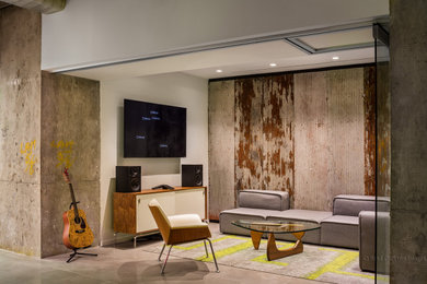 Huge minimalist open concept carpeted, gray floor, exposed beam and wall paneling living room photo in New York with a music area, blue walls and a wall-mounted tv