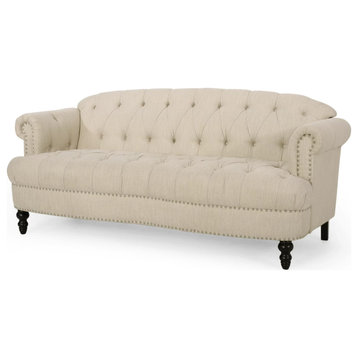 Traditional Sofa, Oversized Tufted Seat With Rolled Arms & Nailhead Trim, Beige