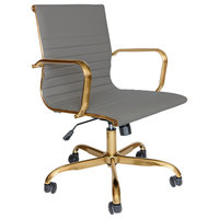 LeisureMod Harris Leather Office Task Chair With Gold Frame, Grey