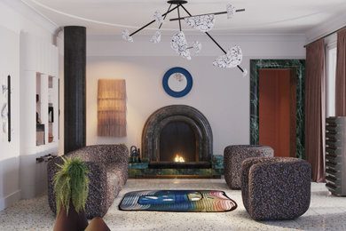 Modelo de salón para visitas tipo loft moderno de tamaño medio con paredes blancas y suelo de baldosas de cerámica