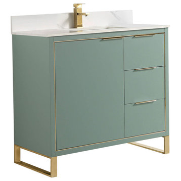 Opulence Bath Vanity, Mint Green, 36", Satin Brass Hardware, White Carrara Top