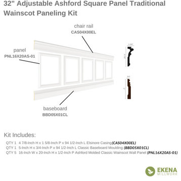 94.5"L Ashford Square Traditional Wainscot Paneling Kit, 32-36"H, 16x20" Panels