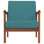 Alpine Furniture - Zephyr Lounge Chair, Turquoise - The Zephyr Slate Lounge chair features a solid wood frame. Its comfortable foam padded seat and durable turquoise fabric upholstery makes it perfect for leaning into a boisterous conversation or reading your favorite book. Add the matching footrest and quietly contemplating your next move. With a warm Medium Brown finish, the chair accents any room setting.