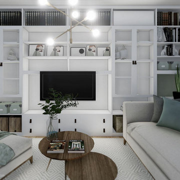 Salón comedor de estilo nórdico contemporáneo a medida en 3D