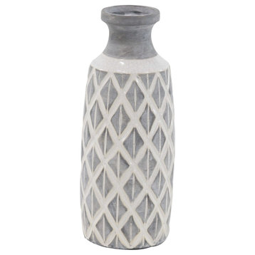 Coastal Gray And White Ceramic Jar Vase With Criss Cross Pattern, 16" x 6" x 6"