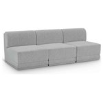 Meridian Furniture - Ollie Black Boucle Fabric Straight Modular Sofa, Grey, 3-Piece: 3 Armless Chair - Meet the epitome of style and functionality with this Ollie boucle fabric living room sofa, part of the Ollie modular collection. A contemporary marvel, this sofa features chic and inviting rich grey boucle fabric upholstery, giving it a sumptuous texture that oozes elegance and luxury. Curved corners add to the visual look of the sofa while maximizing seating comfort while lounging, reading, or entertaining. Pair it with other items in the Ollie collection easily, thanks to an attachment latch underneath.