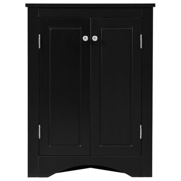 32" Wood 2-door Bath Corner Cabinet, Adjustable Shelves, Black