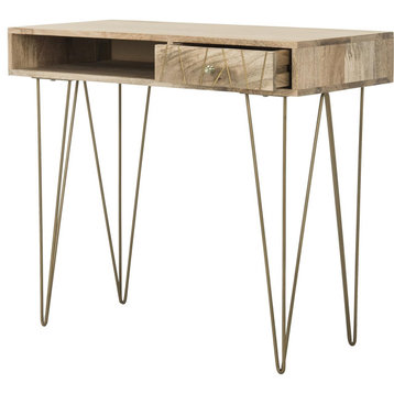 Contemporary Desk, Hairpin Metal Legs With Storage Drawer & Side Shelf, Natural