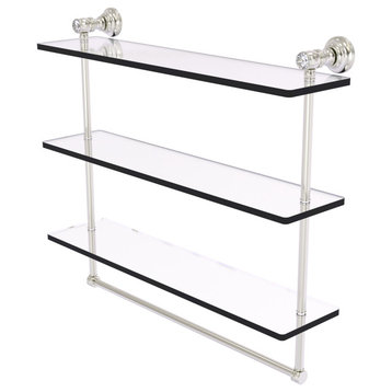Carolina Crystal 22" Triple Glass Shelf with Towel Bar, Satin Nickel
