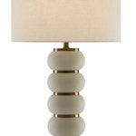 Currey & Company - 33" Luko Table Lamp in White Mud and Antique Brass - Our Luko Table Lamp is bursting at the seams with charm. Quashed balls in ceramic are treated to a satiny white-mud finish and interspersed with metal rings in an antique brass finish. These match the metal base and the hardware. Place this stunning creation in a lovely living room or illuminate bedside tables in a beautiful boudoir with it for plenty of panache. Our Vica Table Lamp is the same design in a black-mud finish.  This light requires 1 , 150W Watt Bulbs (Not Included) UL Certified.