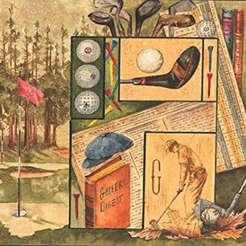 Wallpaper Border Vintage Sport Golf Book Green Yellow Red 7"x15'