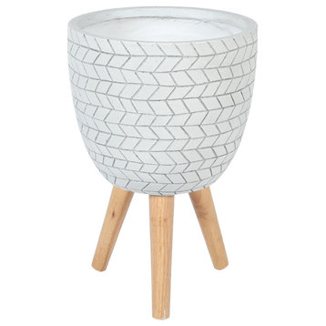 White Cube Design 12.1 in. Round MgO Planter with Wood Legs