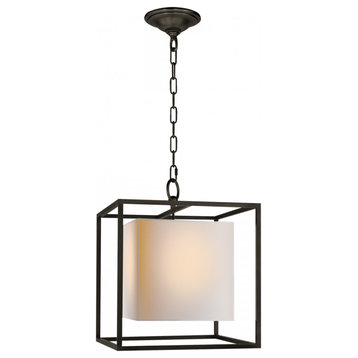 Caged Lantern Pendant, 1-Light, Bronze, Natural Paper Cube Shade, 16"W