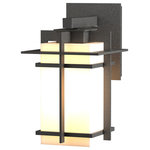 Hubbardton Forge - Tourou Downlight Outdoor Sconce, Coastal Natural Iron Finish, Opal Glass - Although the design is in honor of traditional Japanese stone lanterns, our Tourou Outdoor Sconce is much easier to mount on the outside of your home or business. Metals bands crisscross and hug the square glass tube for design flare.