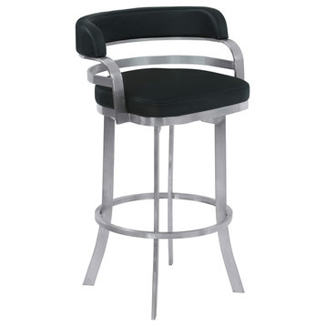 Elegant Bar Stool, Brushed Stainless Steel Frame and Curved Open Back, 30 Inch