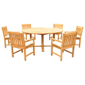 7-Piece Outdoor Patio Teak Dining Set, 72" Round Table, 6 Devon Arm Chairs