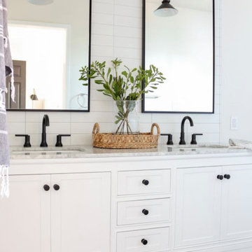 Modern Farmhouse Bathroom: Cabinets, Countertop, Flooring, Mirrors, Lighting