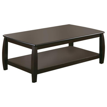 Modern Coffee Table, Curved Legs With Rectangular Top & Lower Shelf, Cappuccino